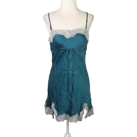 Vintage 90s Teal Green Silk Babydoll Slip Dress Nighty Lingerie S - Picture 1 of 4